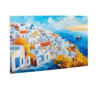 Liorosa Puzzle del sole dell'Egeo per adulti 500 pezzi, iconici edifici con tetto blu e vicoli carichi di fiori contro il mare, puzzle in legno con paesaggio impegnativo, opere d'arte mozzafiato