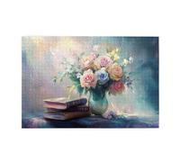 Liorosa Puzzle di fiori e libri da 1000 pezzi, design retrò, colori vivaci, perfetto per divertimento in famiglia, impegnativo esercizio cerebrale, puzzle in legno dal design unico e bello