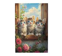 Liorosa Puzzle di gattini finestra per adulti 1000 pezzi, felini soffici che guardano tra i fiori, estetica dai colori morbidi, pezzi si adattano perfettamente, dimentica i problemi della vita