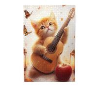 Liorosa Puzzle di serenata di gattino per adulti 1000 pezzi, gatto zenzero che abbraccia chitarra con foglie autunnali e farfalle, arte musicale in legno di alta qualità, ogni pezzo è unico, splendida
