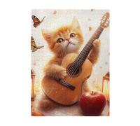 Liorosa Puzzle di serenata di gattino per adulti 500 pezzi, gatto zenzero che abbraccia chitarra con foglie autunnali e farfalle, arte musicale in legno di alta qualità, ogni pezzo è unico, splendida