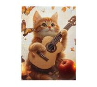 Liorosa Puzzle felino ninna nanna per adulti 500 pezzi, gatto arancione con occhi di smeraldo Strumming chitarra illuminata dal sole, puzzle musicale in legno accogliente per animali domestici, pezzi