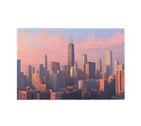 Liorosa Puzzle panoramico tramonto urbano per adulti 1000 pezzi, torre centrale con antenna silhouette contro cielo sfumato, puzzle in legno architettura impegnativa, divertente opera d'arte per