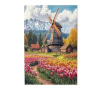 Liorosa Puzzle per adulti 1000 pezzi Alpine Bloom - Mulino a vento tra file di tulipani color tramonto, design vivace e unico, ideale per rilassarsi e mostrare per gli appassionati di puzzle