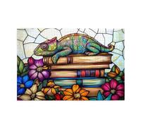 Liorosa puzzle per adulti 1000 pezzi camaleonte in vetro colorato, rettile in scala arcobaleno appollaiato su libri impilati in giardino caleidoscopio, alleviare lo stress, esercitare abilità pratiche