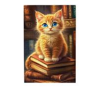 Liorosa Puzzle per adulti, 1000 pezzi, gatto curioso seduto su libri impilati, accogliente scena in biblioteca, puzzle in legno per gli amanti dei gatti, ideale per relax e divertimento in famiglia