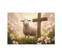 Liorosa Puzzle per adulti 1000 pezzi Incontro divino, agnello bianco in piedi vicino alla croce rustica nel prato dorato del tramonto, pezzi si adattano perfettamente, montaggio pratico della tua
