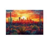 Liorosa Puzzle per adulti, 1000 pezzi, metropoli del deserto al tramonto, sagome di cactus torreggianti contro lo skyline della città luminosa, esercizio cerebrale impegnativo, attività creativa hobby