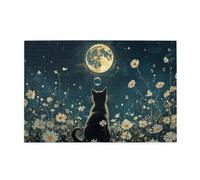 Liorosa puzzle per adulti 1000 pezzi notte del gatto nero nei fiori, il simpatico gatto guarda la luna, vibrante e unico, adatto per la ricreazione familiare e la decorazione della parete della casa