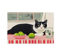 Liorosa puzzle per adulti 1000 pezzi pomeriggio di gatto, gatto bianco-nero contro stoviglie vibranti in allegra luce della cucina, animale domestico di arte moderna, attività divertenti per le