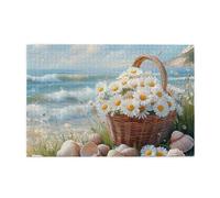 Liorosa Puzzle per adulti 1000 pezzi Seaside Serenity, margherite bianche in cestino rustico con conchiglie sparse, puzzle rilassante in legno vista oceano, ogni pezzo è unico