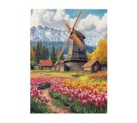 Liorosa Puzzle per adulti 500 pezzi Alpine Bloom - Mulino a vento tra le file di tulipani color tramonto, design vivace e unico, ideale per rilassarsi e mostrare per gli appassionati di puzzle