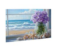 Liorosa Puzzle per adulti 500 pezzi Beach Still Life, divertente vista sulla finestra sul mare, conchiglie di fiori e stelle marine, design vivace e unico, montaggio pratico della tua decorazione