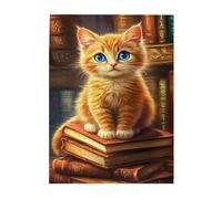 Liorosa Puzzle per adulti, 500 pezzi, gatto curioso seduto su libri impilati, accogliente scena in biblioteca, puzzle in legno per gli amanti dei gatti, ideale per relax e divertimento in famiglia