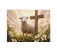 Liorosa Puzzle per adulti 500 pezzi Incontro divino, agnello bianco in piedi vicino alla croce rustica nel prato dorato del tramonto, pezzi si adattano perfettamente, montaggio pratico della tua
