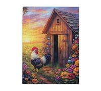 Liorosa Puzzle per adulti con ciondolo a tema campagna, 500 pezzi, gallo di Cozy Cabin, puzzle artistici in legno di alta qualità con tramonto dorato e fiori in fiore, design vivace e unico, regalo