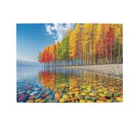 Liorosa Puzzle sinfonici di ottobre per adulti 500 pezzi, alberi di betulla screziati dal sole con foglie arcobaleno sulle acque, paesaggio autunnale impegnativo, completo di familiari e amici