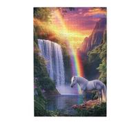 Liorosa Rainbow'S Garden Puzzle per adulti 1000 pezzi, cavallo bianco con criniera fluente nell'alone arcobaleno della cascata, puzzle unico della natura, divertiti a risolvere puzzle con la famiglia