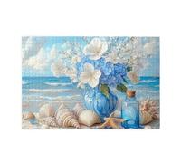 Liorosa Seaside Serenity, puzzle da 1000 pezzi per adulti, vaso in ceramica blu con fiori e conchiglie sparse, design vivace e unico, colori vivaci, goditi il processo di risoluzione del puzzle