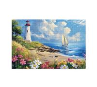 Liorosa Serenity Seaside Puzzle per adulti 1000 pezzi, vivace prato floreale con iconico faro e barca a vela su acque azzurre, puzzle in legno con paesaggio ad alta difficoltà, regalo per amici