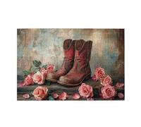 Liorosa Stivali da cowboy classici circondati da rose in fiore puzzle per adulti 1000 pezzi, sfondo in legno invecchiato, puzzle retrò impegnativo, attività creativa hobby per adulti