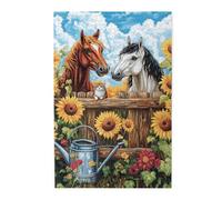 Liorosa Sunny Meadow Companions, puzzle in legno per adulti, con due cavalli con gattino curioso di Wild Flowers Fence, design vivace e unico, adatto per le attività ricreative in famiglia
