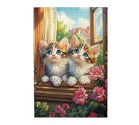 Liorosa Sunny Window and Cat Puzzle da 1000 pezzi per adulti, trio di gattini curiosi che guardano dal davanzale incorniciato a fiori, scena domestica accogliente, completo di famiglia e amici