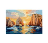 Liorosa Sunset Sea Puzzle da 1000 pezzi per adulti, maestosa formazione rocciosa con yacht a vela all'ora d'oro, estetica dai colori tenui, montaggio pratico della tua decorazione domestica da parete