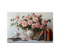 Liorosa Vintage Tea Time Scene - Puzzle da 1000 pezzi per adulti, vaso di porcellana con fiori e libri, arte rilassante in legno, profondo relax per te, design unico e bello
