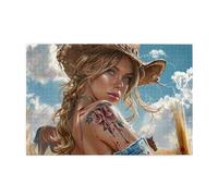 Liorosa Wild West Cowgirl Ritratto 1000 pezzi Puzzle per adulti, bionda con tatuaggio floreale e macchie di sangue, arte impegnativa, rilassamento profondo per te stesso, goditi il processo di