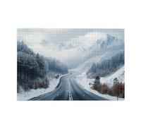 Liorosa Winter Wonderland 1000 pezzi di puzzle in legno per adulti, serpeggiante strada innevata con pini carichi di neve e cime lontane, completo di famiglia e amici, goditi il processo di