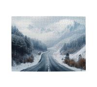 Liorosa Winter Wonderland 500 pezzi di puzzle in legno per adulti, strada serpentina innevata con pini carichi di neve e cime lontane, completo di famiglia e amici, goditi il processo di risoluzione
