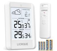 LIORQUE Stazione Meteo con Sensore Esterno,Schermo LCD con Retroilluminazione, Data, Temperatura, Umidità, Previsioni di Tempo, Sensore Esterno IPX4 Impermeabile,Con Batteria