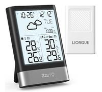 LIORQUE Stazione Meteo con Sensore Esterno, Stazione Meteorologica Wireless con Sveglia, Previsioni del Tempo, Data, Temperatura,Umidità, Retroilluminazione Regolabile, Nero (Batteria Inclusa)