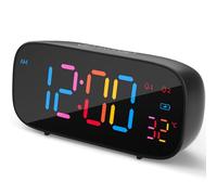 LIORQUE Sveglia Digitale da Comodino, Sveglia da Comodino a LED a Colori con Funzione Snooze, Sveglia Digitale con Temperatura, Luminosità 0-100%, 8 Suonerie, 2 Allarmi, Porta di Ricarica USB, Nero