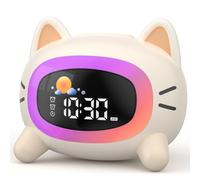 LIORQUE Sveglia per bambini, Sveglia da Comodino con Luce Notturna, Macchina Rumore Bianco, Doppia Allarme, Modalità Weekend, Sveglia Ricaricabile per Allenamento del Sonno Per i Bambini (Gatto)