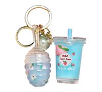 Lip Gloss, Tinted Lip Oil with Milk Tea Design Keychain Attachment, Nourishing Hydrating Primer for Face Makeup Women Daily Use Travel Parties Present Casual Gatherings 6.6x2.8cm
