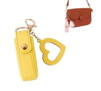 Lip Oil Keychain - Mirror & Oil 2-in-1 Holder, Compact PU Leather Lipstick Case with Heart Mirror, Lip Gloss Keychain for Purse or Bag (D-Yellow)