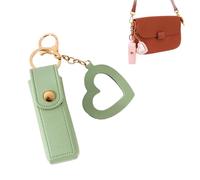 Lip Oil Keychain - Mirror & Oil 2-in-1 Holder, Compact PU Leather Lipstick Case with Heart Mirror, Lip Gloss Keychain for Purse or Bag (F-Green)