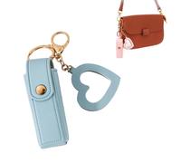 Lip Oil Keychain - Mirror & Oil 2-in-1 Holder, Compact PU Leather Lipstick Case with Heart Mirror, Lip Gloss Keychain for Purse or Bag (E-Blue)