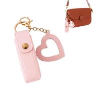 Lip Oil Keychain - Mirror & Oil 2-in-1 Holder, Compact PU Leather Lipstick Case with Heart Mirror, Lip Gloss Keychain for Purse or Bag (G-Pink)