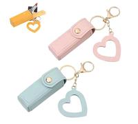 Lip Oil Keychain - Mirror & Oil 2-In-1,Mini Lipstick Case with Keychain and Heart Pendant,PU Leather Potable Lip Gloss Holder(Pink+Blue)