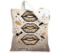 Lips Canvas Tote Bag per le donne, moderna Funky Leopard Print Cuori N/a Beige Lavabile Riutilizzabile Shopping Bag Idee per Famil, Beige, 13x15 Inch