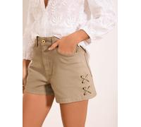 lipsy Lipsy Neutral Eyelet Lace Up Detail Denim Shorts 44 Marrone