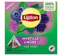 Lipton, Tè verde, tè verde aromatizzato, infuso freddo o caldo, sapore mirtillo e mure, benessere, ingredienti naturali al 100%, 20 sacchetti piramidali
