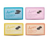 Liquirizia Amarelli - Degustazione di Liquirizia Gommosa, 4 Astucci da 100g (Morette Arancia, Morette Limone, Assabesi Anice, Senatori Violetta)