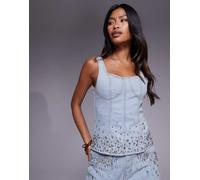Liquor N Poker - Crop top in denim lavaggio azzurro con strass in coordinato-Blu L