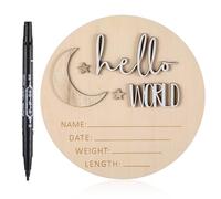 LIQWEI Cartello di annuncio in legno per bambini, con penna, 5,9 pollici, per bambini, in legno, Hello World, cartello di benvenuto rotondo per genitori incinte
