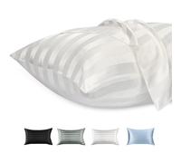 Lirex Set di 2 Federe in Raso 30x50cm, Protezione Capelli e Pelle & Antirughe, Chiusura a Cerniera, Strisce Bianche