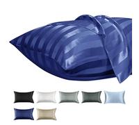 Lirex Set di 2 Federe in Raso 50x90cm, Protezione Capelli e Pelle & Antirughe, Chiusura a Cerniera, Strisce Blu Navy